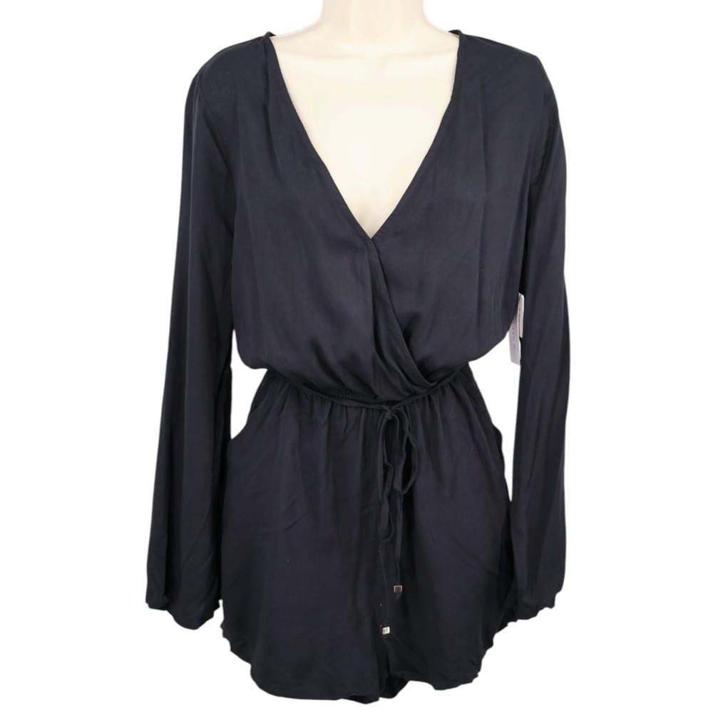 JustFab Black Draped Romper Long Sleeve Tie Waist Pockets Surplice NWOT Small